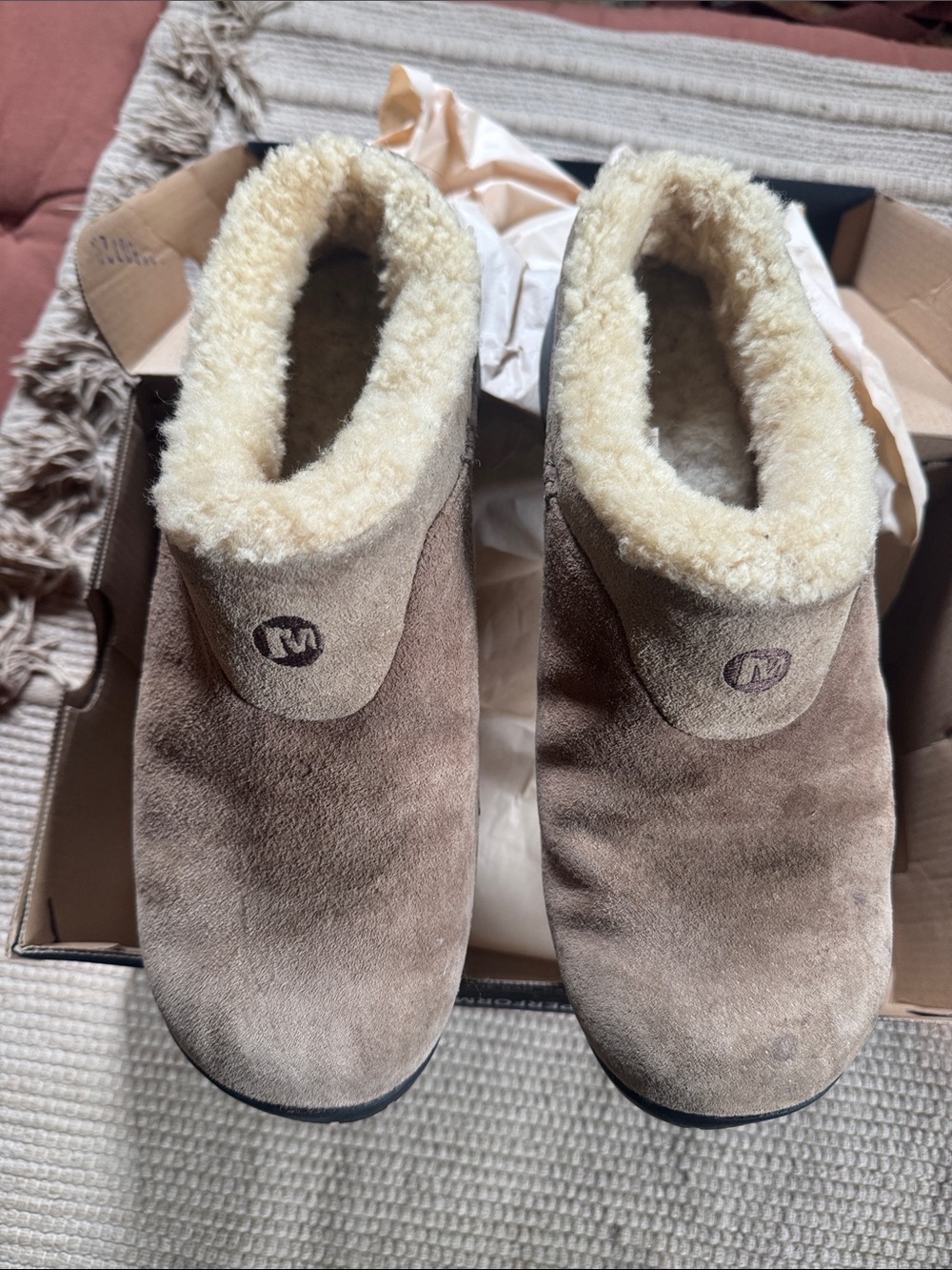 Merrel Encore Ice sheepskin suede slippers clogs stone tan in  box women’s 10